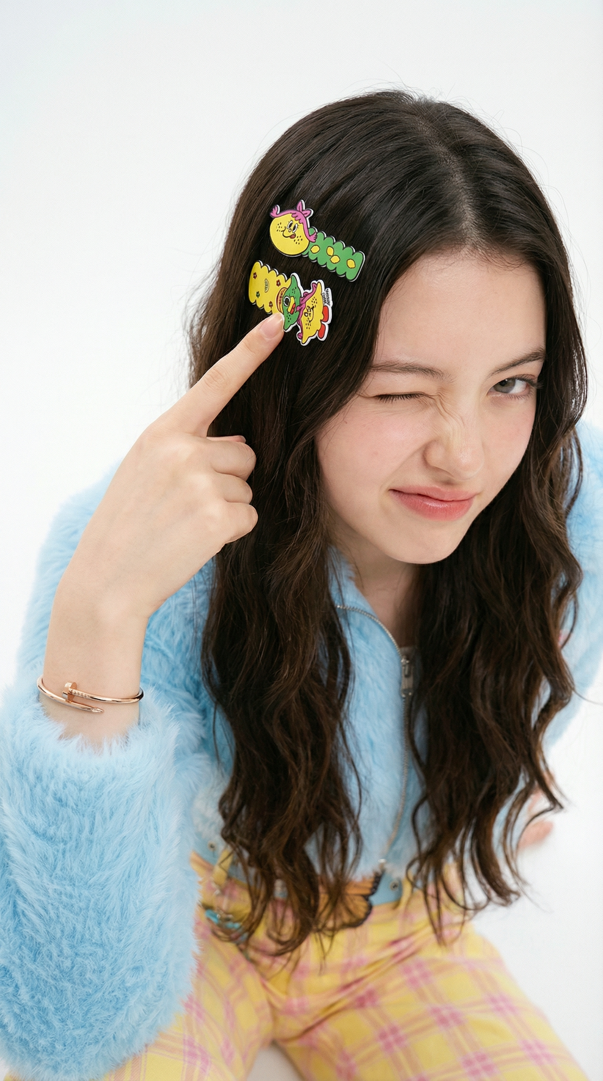 Good Choose character accessories styled with a blue shirt